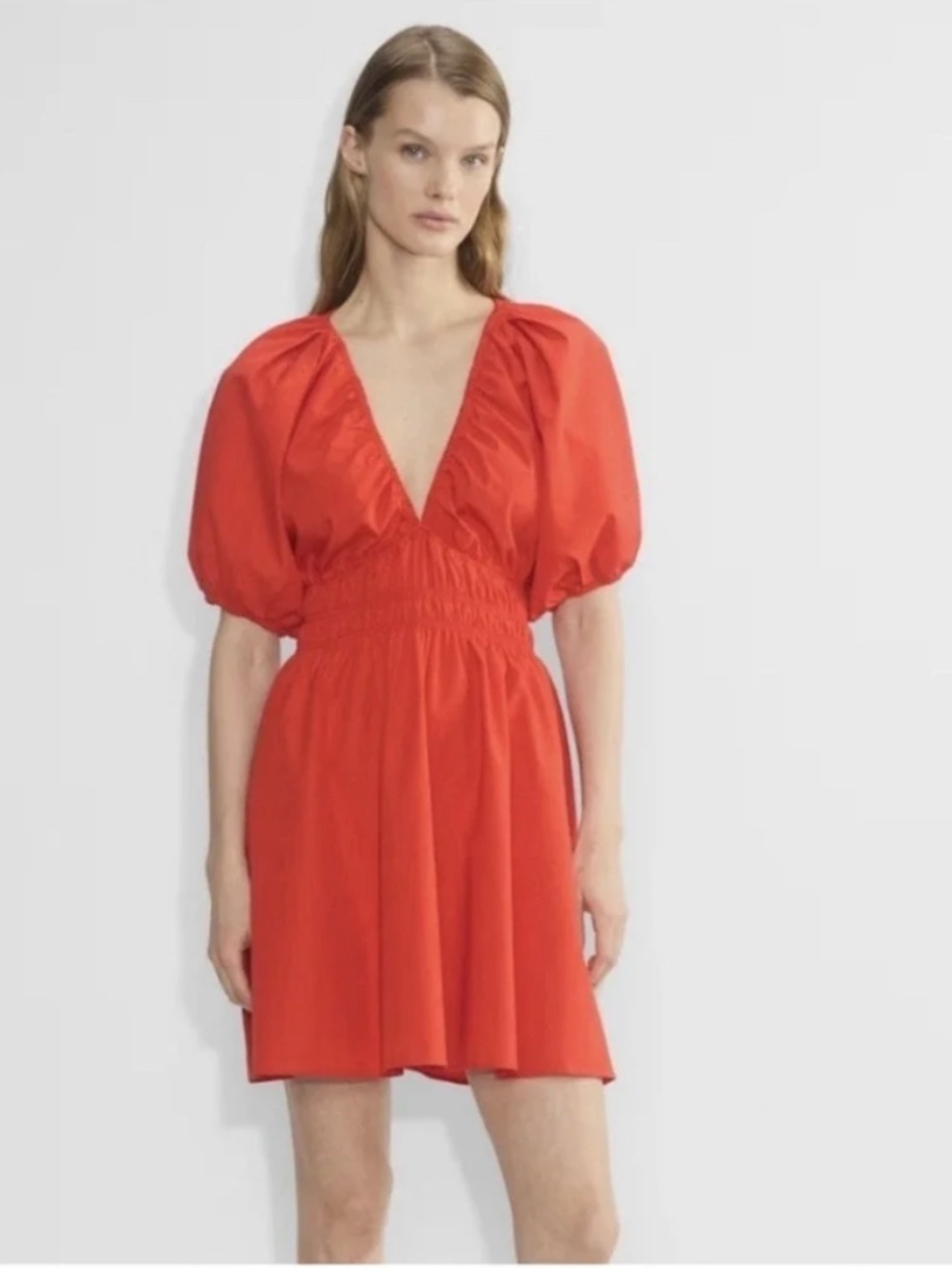 Wilfred by Aritzia Mason Puff Sleeve Cotton Poplin Smocked Mini Dress Size XS